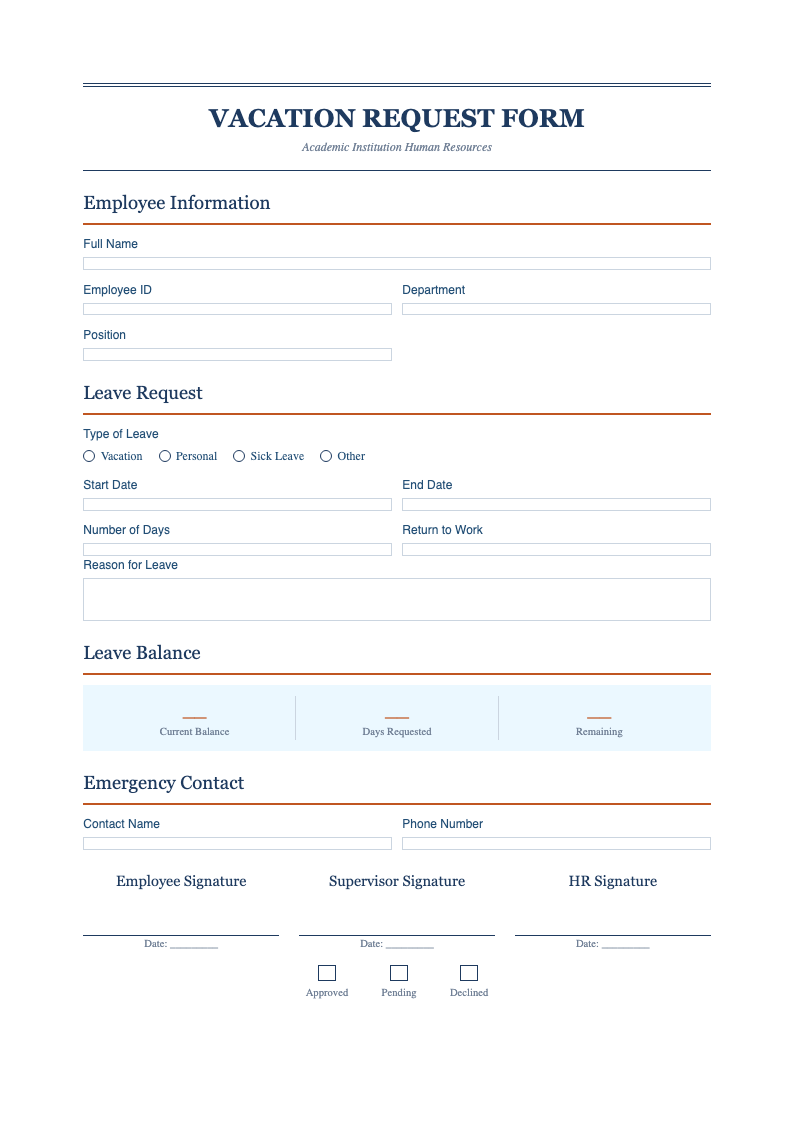 Clean academic vacation form